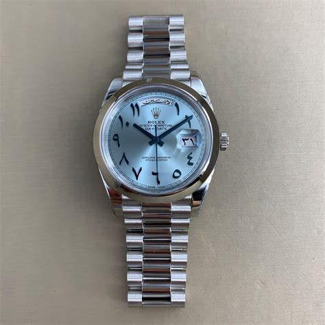 rolex day date 40mm ice blue arabic dial platinum watch|Rolex Day-Date fluted bezel.